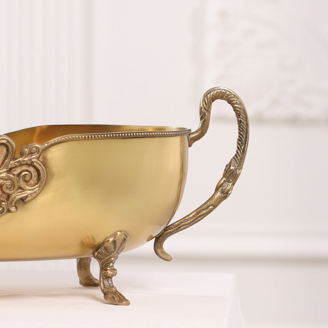 Brass Bowl Embossed Design With Decorative Style Handle (16 Inch)