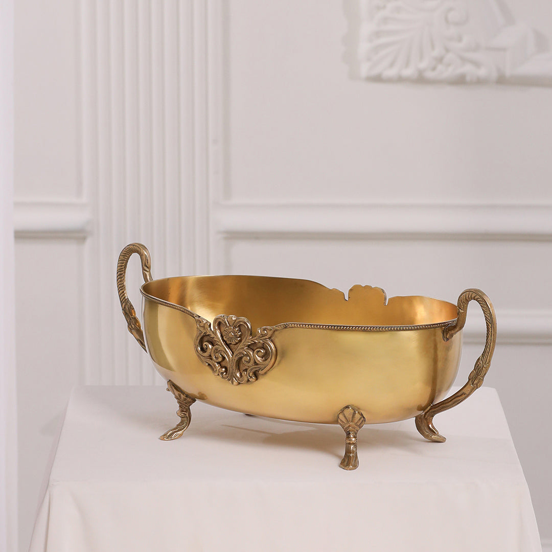 Brass Bowl Embossed Design With Decorative Style Handle (16 Inch)