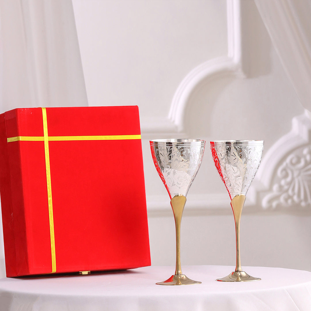 Silver Plated & Brass Champagne Engraved Wine Glass Pair With Velvet Box (8.6 Inch)