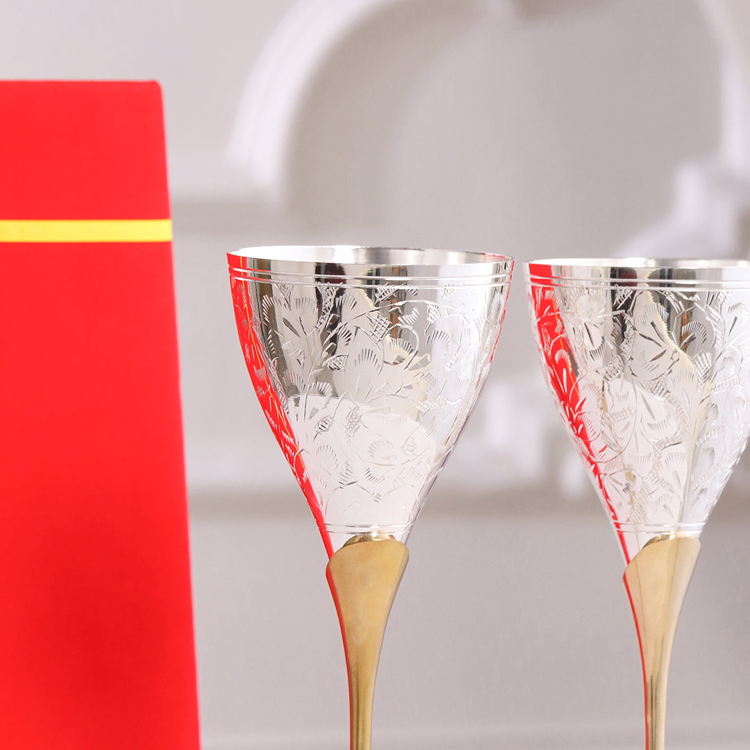 Silver Plated & Brass Champagne Engraved Wine Glass Pair With Velvet Box (8.6 Inch)