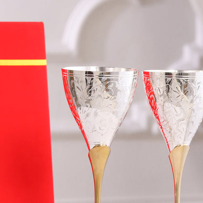 Silver Plated & Brass Champagne Engraved Wine Glass Pair With Velvet Box (8.6 Inch)