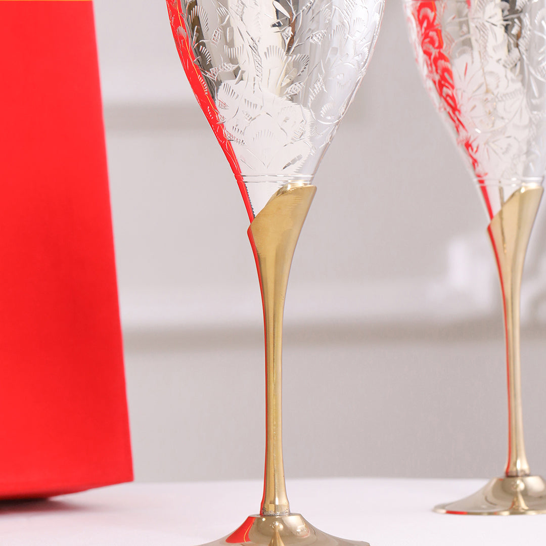 Silver Plated & Brass Champagne Engraved Wine Glass Pair With Velvet Box (8.6 Inch)
