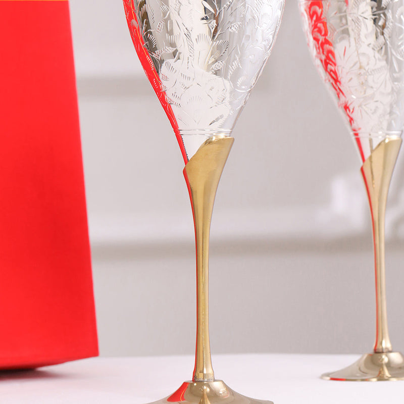 Silver Plated & Brass Champagne Engraved Wine Glass Pair With Velvet Box (8.6 Inch)