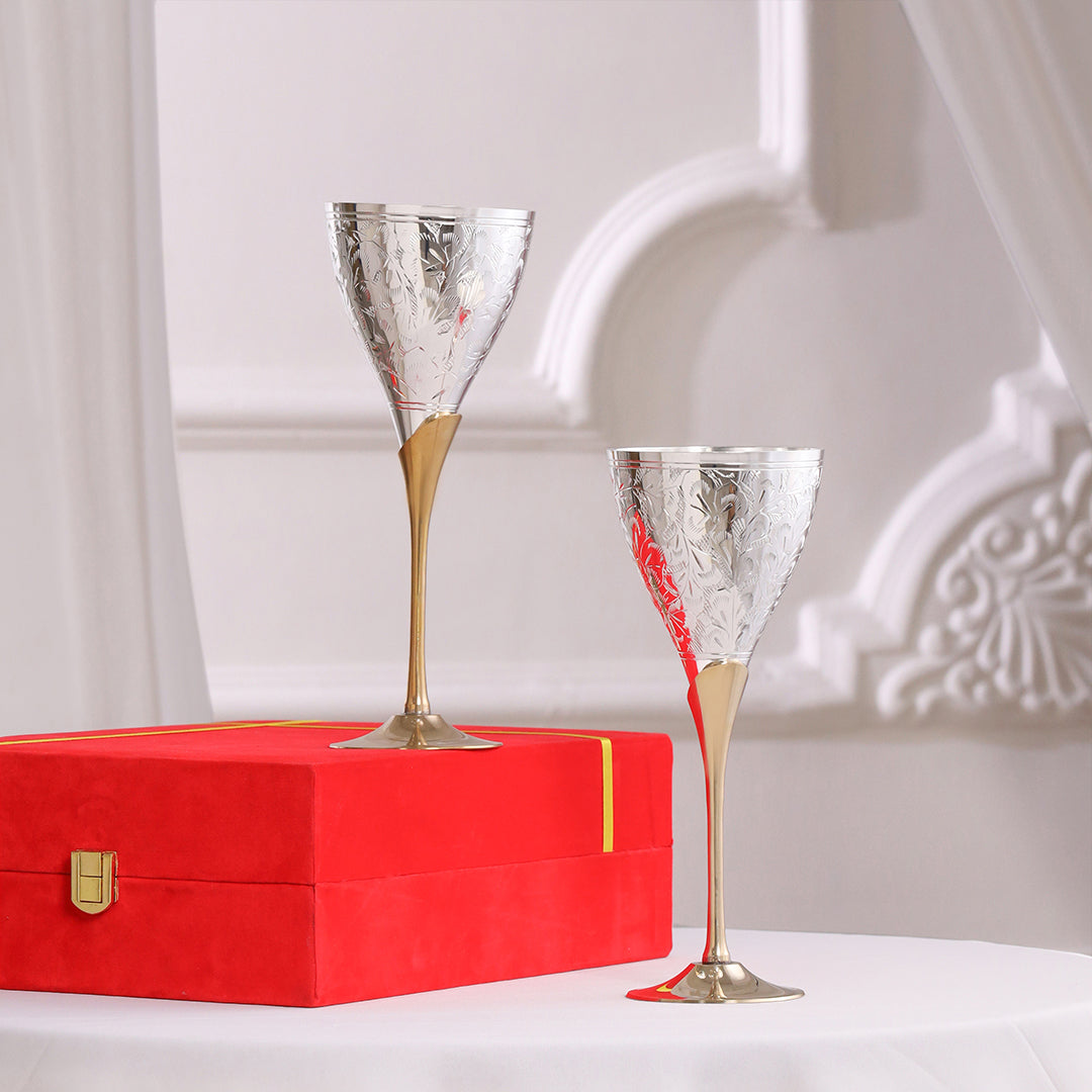 Silver Plated & Brass Champagne Engraved Wine Glass Pair With Velvet Box (8.6 Inch)