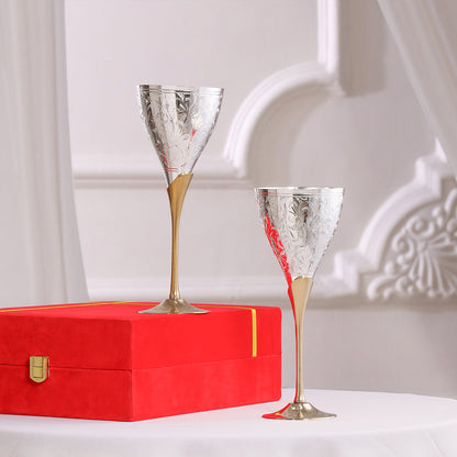 Silver Plated & Brass Champagne Engraved Wine Glass Pair With Velvet Box (8.6 Inch)