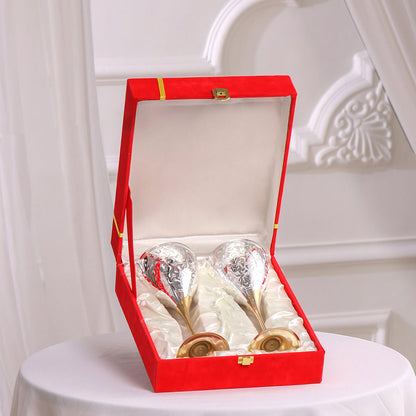 Silver Plated & Brass Champagne Engraved Wine Glass Pair With Velvet Box (8.6 Inch)