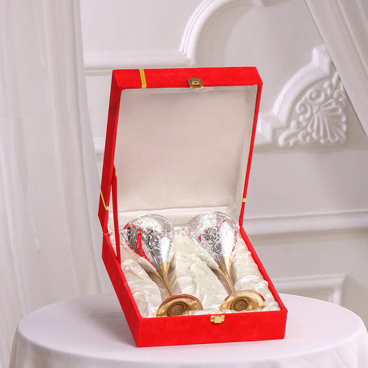 Silver Plated & Brass Champagne Engraved Wine Glass Pair With Velvet Box (8.6 Inch)