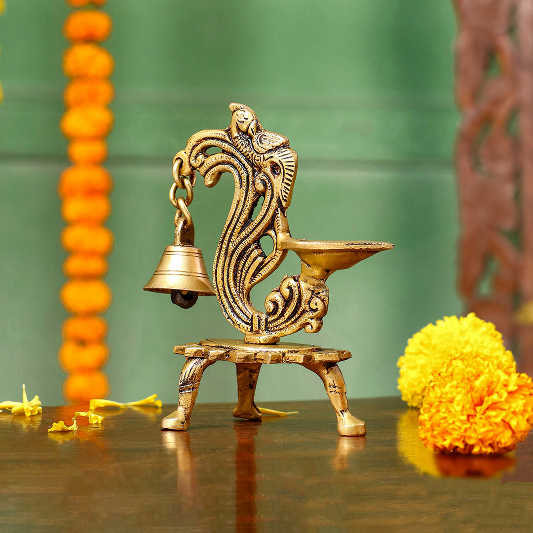 Brass Ethnic Peacock Diya Lamp With Hanging bell