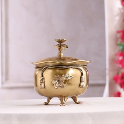 Brass Decorative Handi with Lid Neck Ribbon Bow Design (6 Inch)