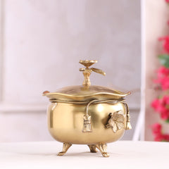 Brass Decorative Handi with Lid Neck Ribbon Bow Design (6 Inch)