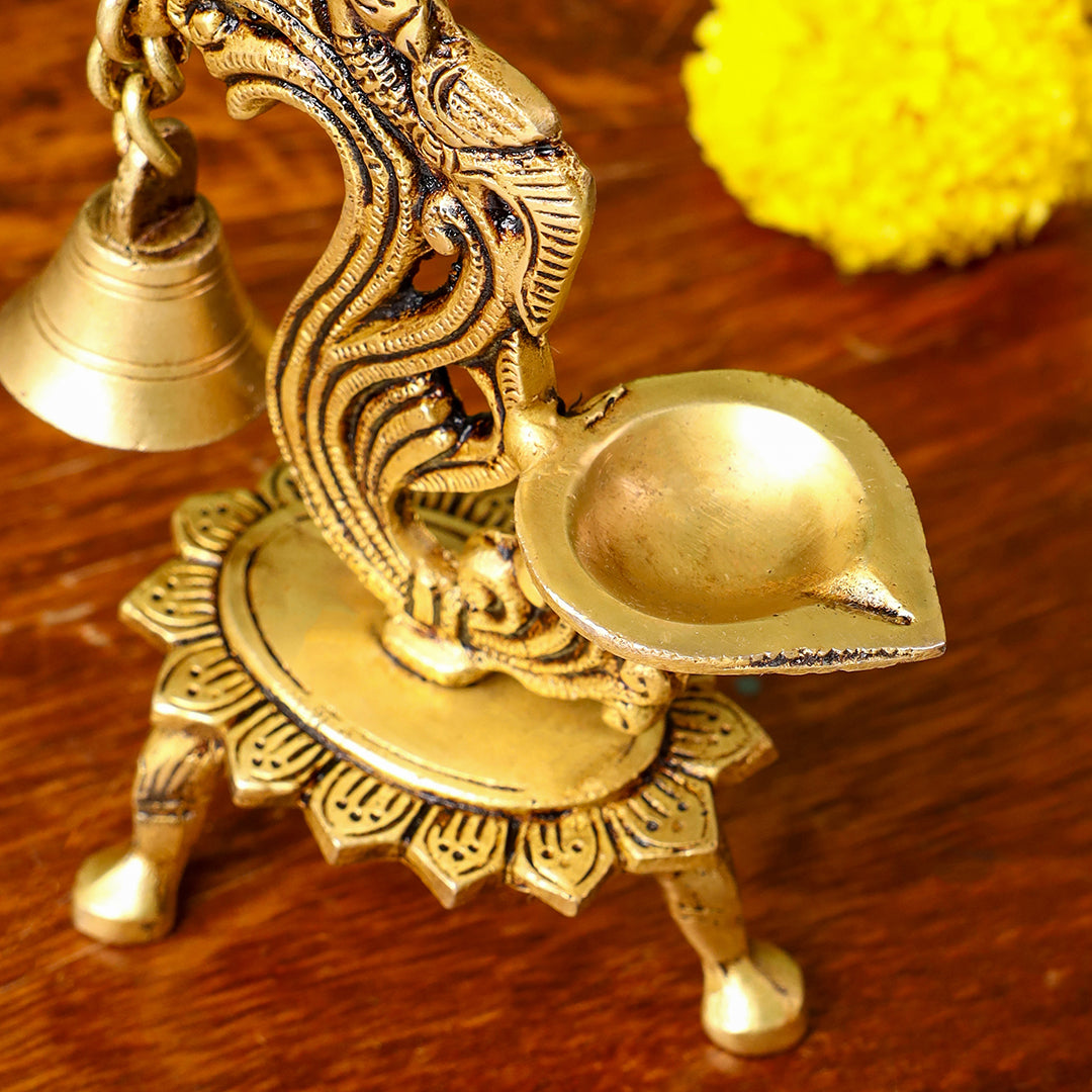 Brass Ethnic Peacock Diya Lamp With Hanging bell