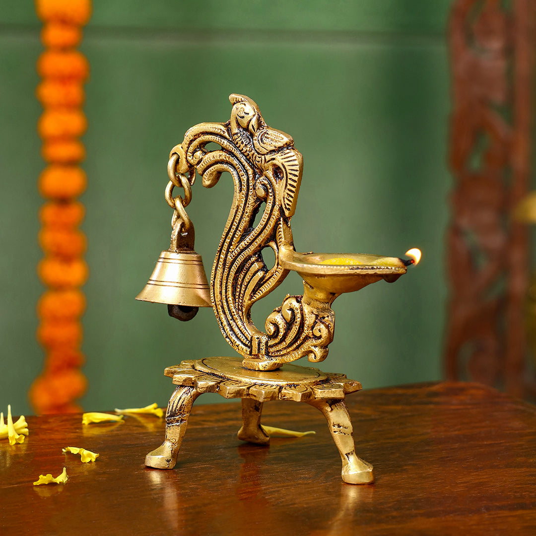 Brass Ethnic Peacock Diya Lamp With Hanging bell