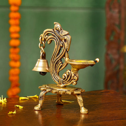 Brass Ethnic Peacock Diya Lamp With Hanging bell