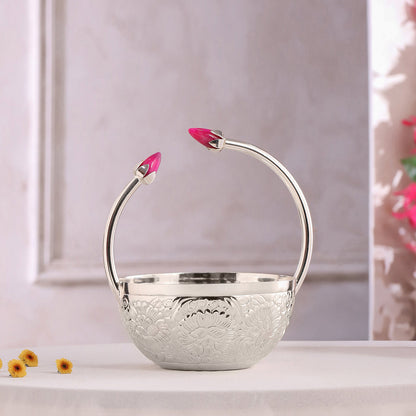 Silver-Plated Brass Decorative Floral Basket with Pink Stone Handle (8 Inch)