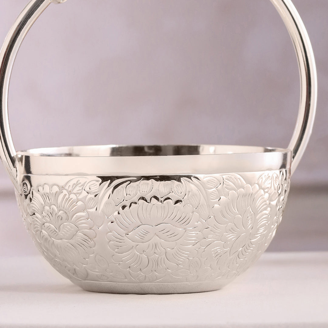 Silver-Plated Brass Decorative Floral Basket with Pink Stone Handle (8 Inch)