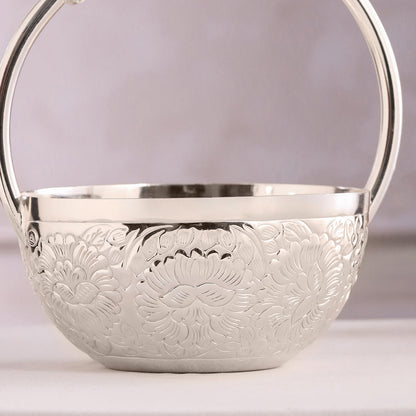 Silver-Plated Brass Decorative Floral Basket with Pink Stone Handle (8 Inch)