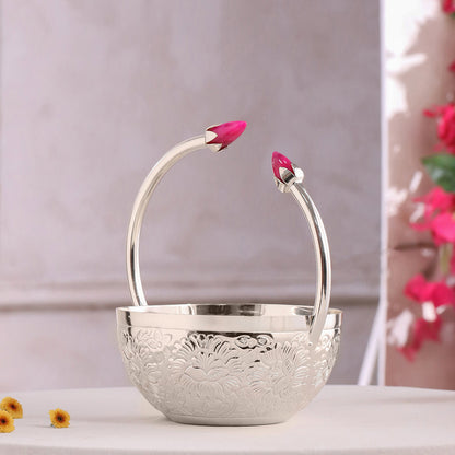Silver-Plated Brass Decorative Floral Basket with Pink Stone Handle (8 Inch)