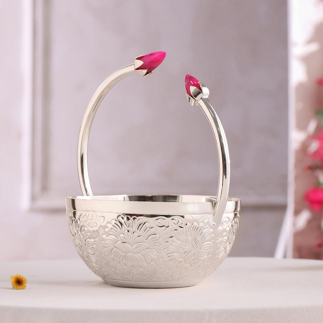 Silver-Plated Brass Decorative Floral Basket with Pink Stone Handle (8 Inch)