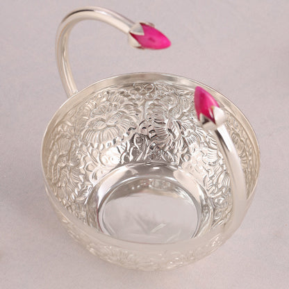 Silver-Plated Brass Decorative Floral Basket with Pink Stone Handle (8 Inch)