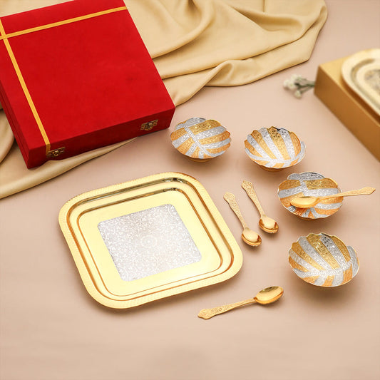 Brass Silver & Gold Finish 4 Bowl & 4 Spoon And 1 Tray Set With Velvet box