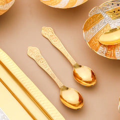 Brass Silver & Gold Finish 4 Bowl & 4 Spoon And 1 Tray Set With Velvet box