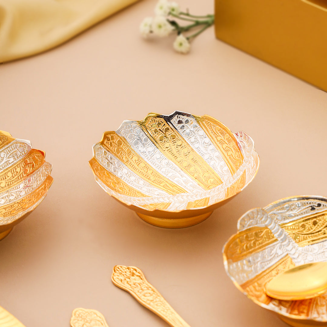 Brass Silver & Gold Finish 4 Bowl & 4 Spoon And 1 Tray Set With Velvet box