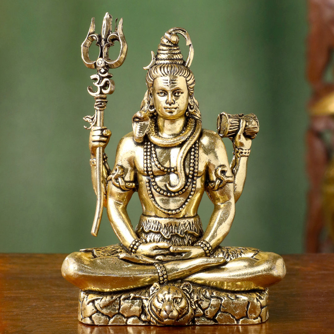 Brass Lord Shiva Idol – Meditative Pose with Trishul (4 INCH)