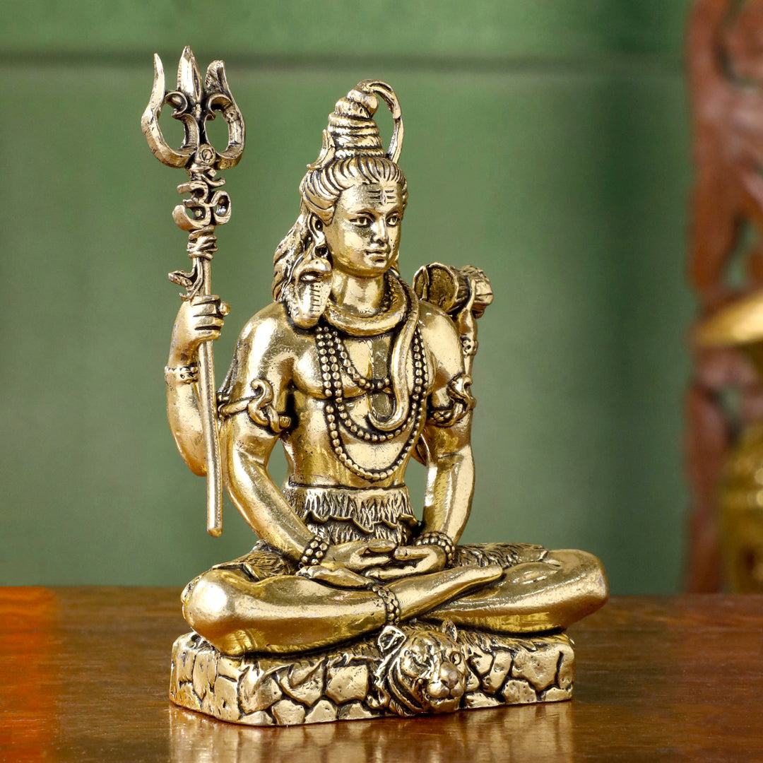 Brass Lord Shiva Idol – Meditative Pose with Trishul (4 INCH)