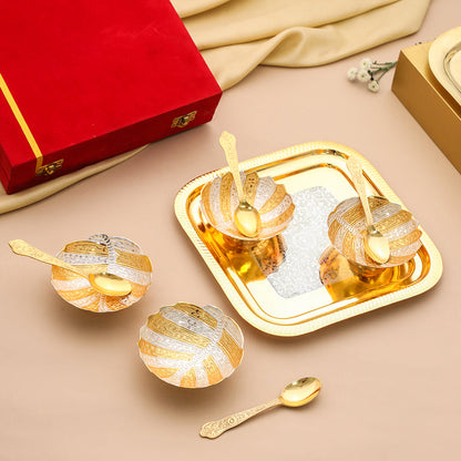 Brass Silver & Gold Finish 4 Bowl & 4 Spoon And 1 Tray Set With Velvet box