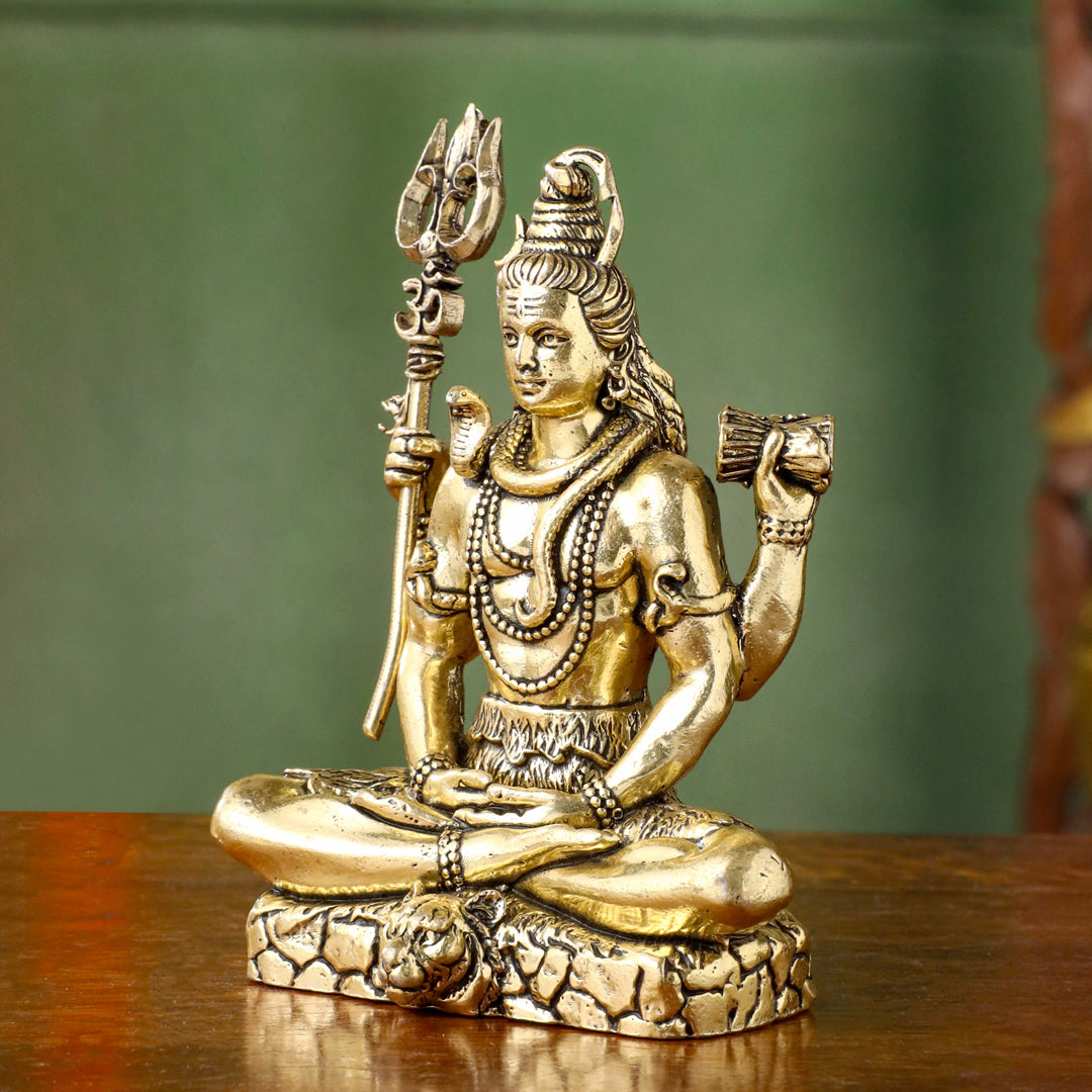 Brass Lord Shiva Idol – Meditative Pose with Trishul (4 INCH)