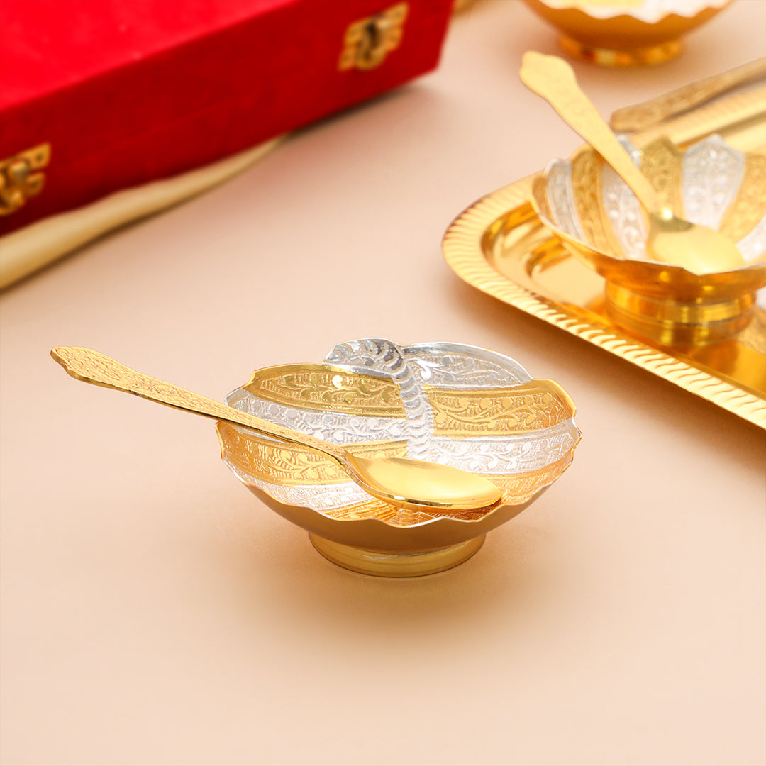 Brass Silver & Gold Finish 4 Bowl & 4 Spoon And 1 Tray Set With Velvet box