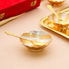 Brass Silver & Gold Finish 4 Bowl & 4 Spoon And 1 Tray Set With Velvet box