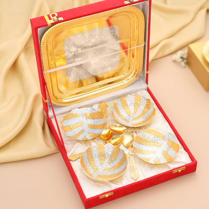 Brass Silver & Gold Finish 4 Bowl & 4 Spoon And 1 Tray Set With Velvet box