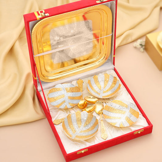 Brass Silver & Gold Finish 4 Bowl & 4 Spoon And 1 Tray Set With Velvet box
