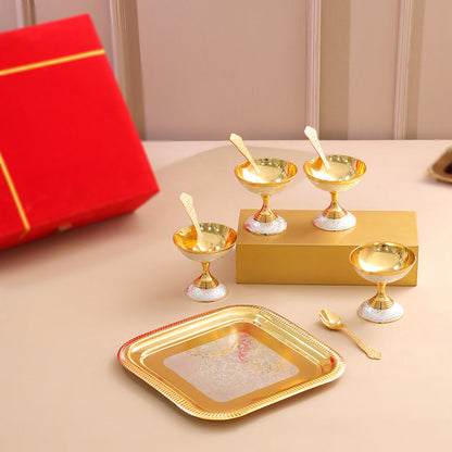 Brass Silver & Gold Finish 4 Ice Cream Bowl & 4 Spoon And 1 Tray Set With Velvet box