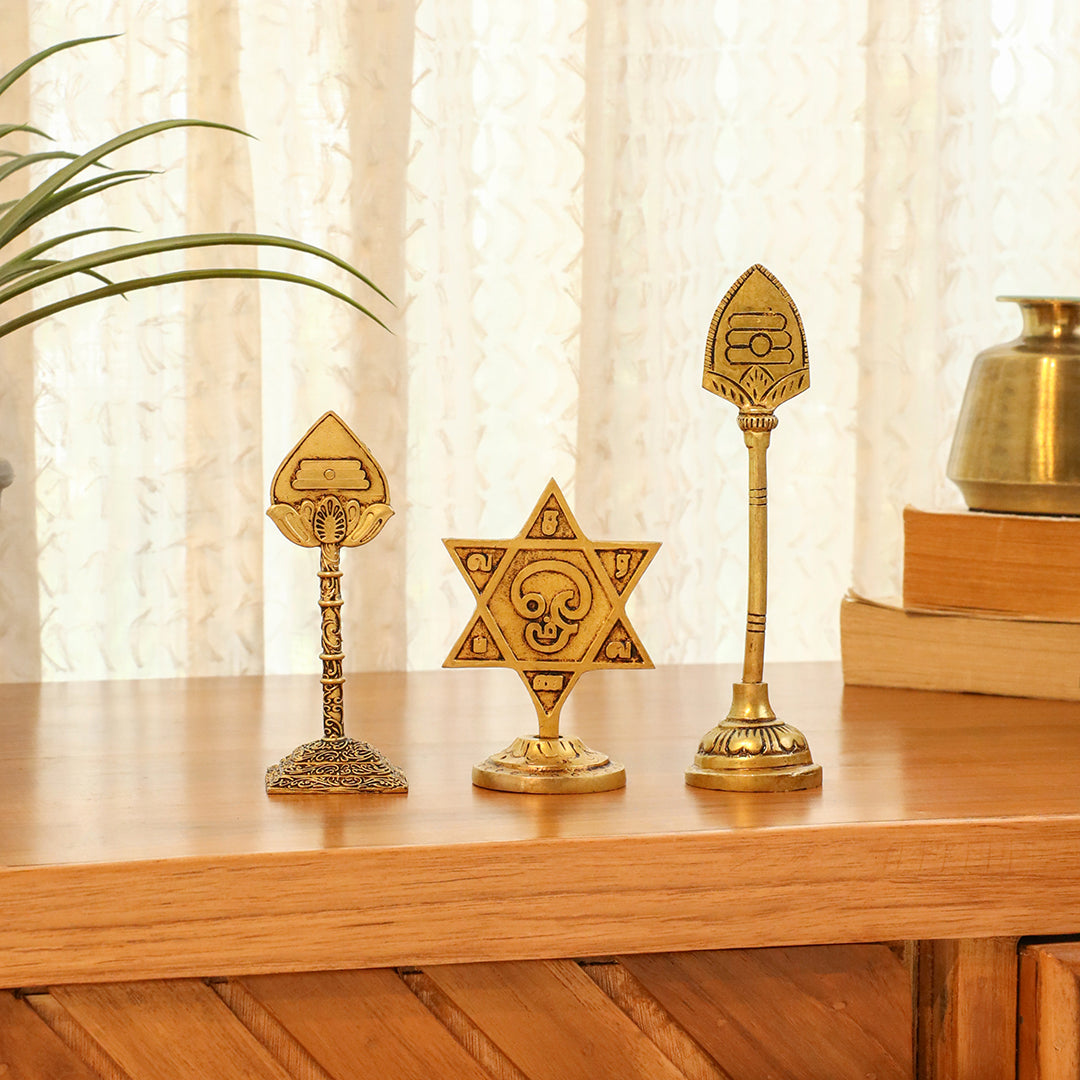 Brass Murugan Vel, Star Vel & Paan Vel Table Top Symbols