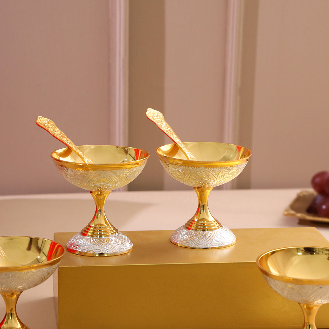 Brass Silver & Gold Finish 4 Ice Cream Bowl & 4 Spoon And 1 Tray Set With Velvet box