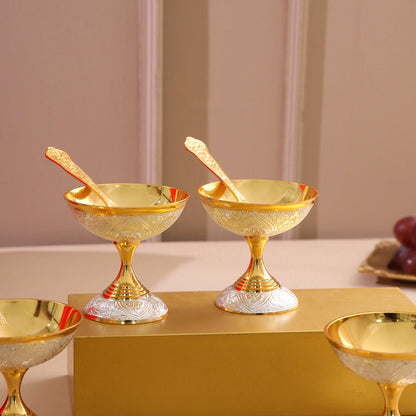 Brass Silver & Gold Finish 4 Ice Cream Bowl & 4 Spoon And 1 Tray Set With Velvet box