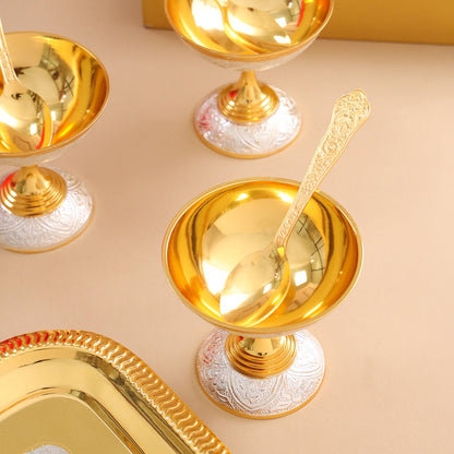 Brass Silver & Gold Finish 4 Ice Cream Bowl & 4 Spoon And 1 Tray Set With Velvet box