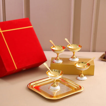 Brass Silver & Gold Finish 4 Ice Cream Bowl & 4 Spoon And 1 Tray Set With Velvet box