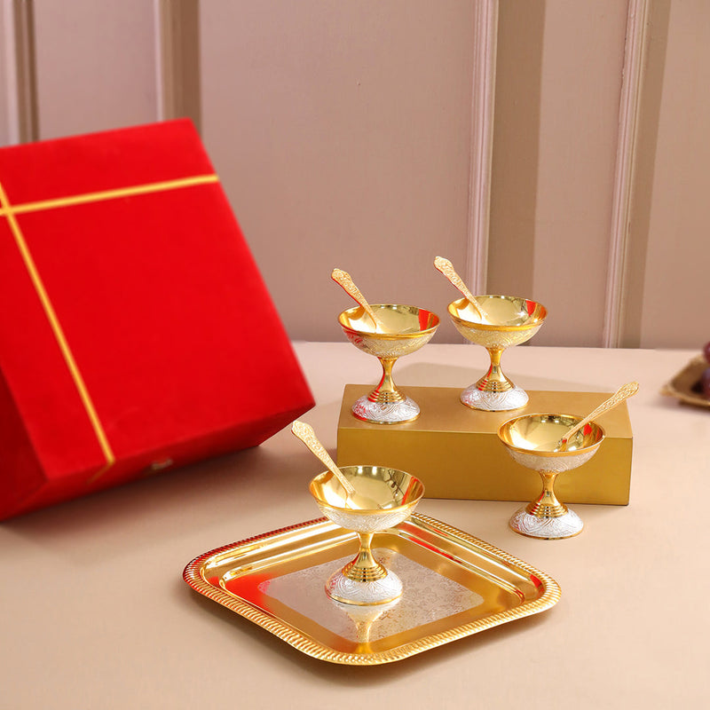Brass Silver & Gold Finish 4 Ice Cream Bowl & 4 Spoon And 1 Tray Set With Velvet box