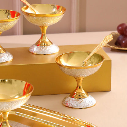 Brass Silver & Gold Finish 4 Ice Cream Bowl & 4 Spoon And 1 Tray Set With Velvet box