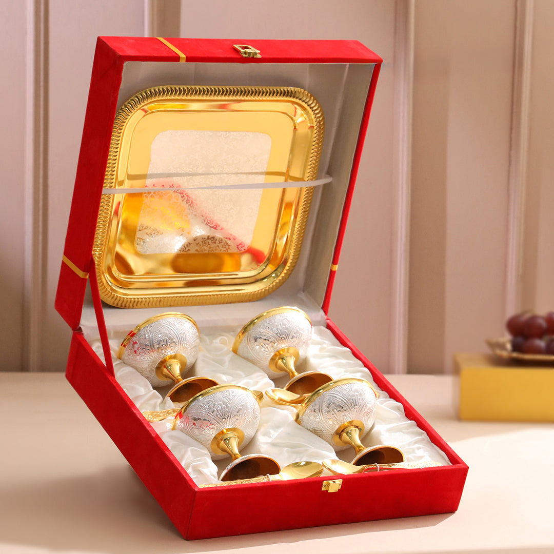Brass Silver & Gold Finish 4 Ice Cream Bowl & 4 Spoon And 1 Tray Set With Velvet box