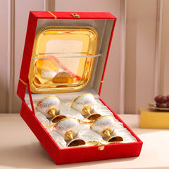 Brass Silver & Gold Finish 4 Ice Cream Bowl & 4 Spoon And 1 Tray Set With Velvet box