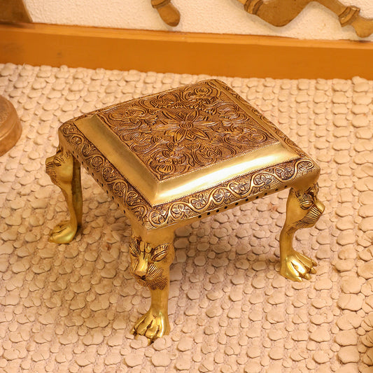 Brass Pooja Chowki with Floral Engraving – Lion Paw Legs (8.5 INCH)