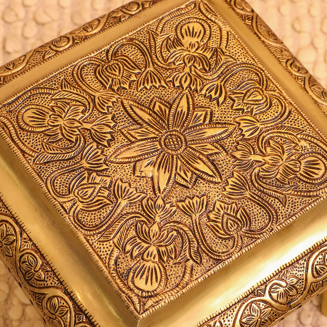 Brass Pooja Chowki with Floral Engraving – Lion Paw Legs (8.5 INCH)