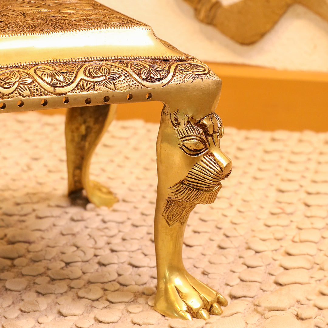 Brass Pooja Chowki with Floral Engraving – Lion Paw Legs (8.5 INCH)