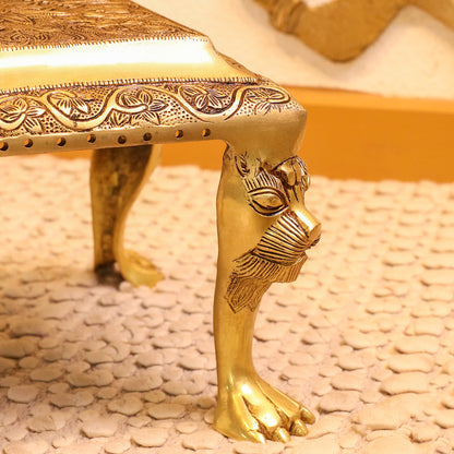 Brass Pooja Chowki with Floral Engraving – Lion Paw Legs (8.5 INCH)