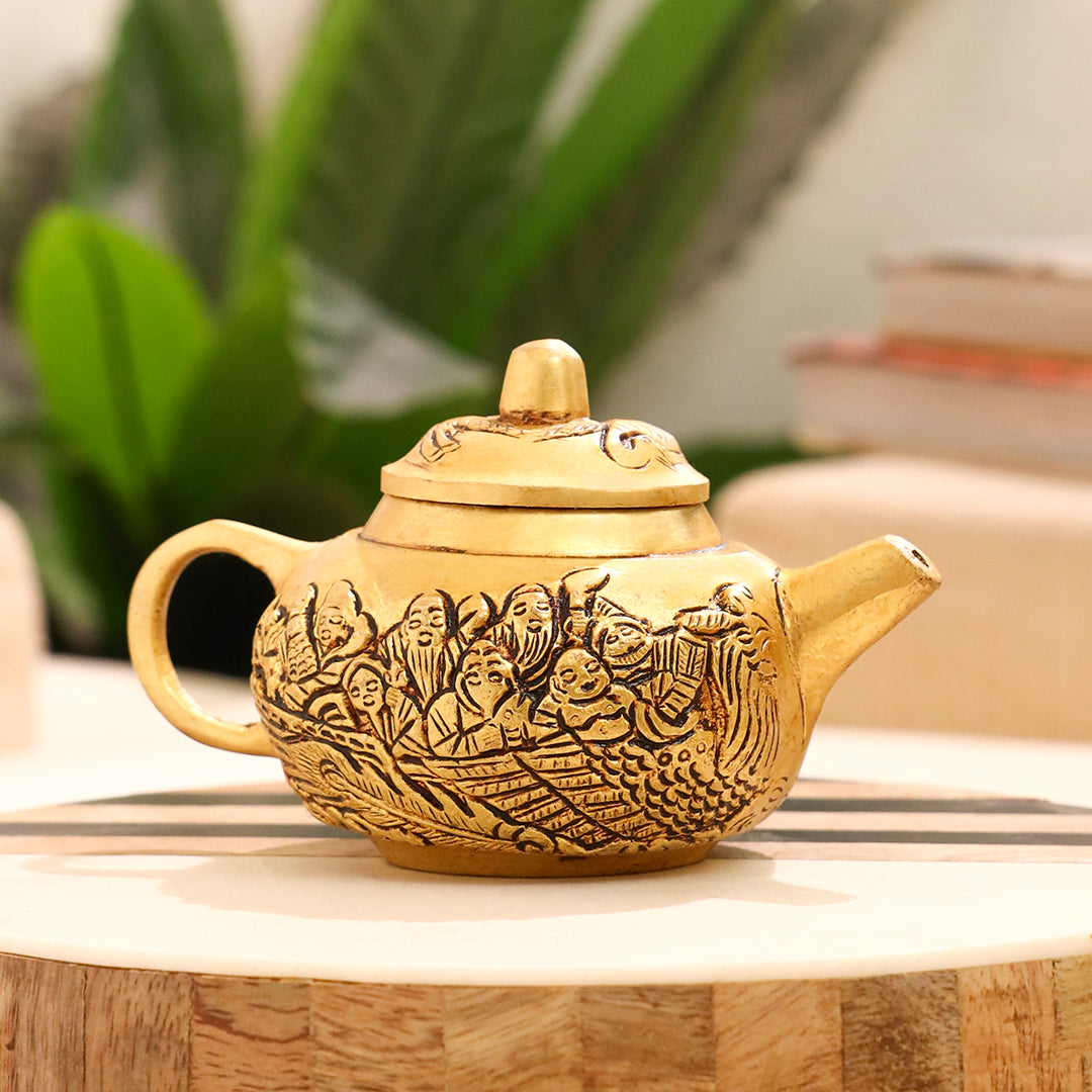 Brass Tea Pot/Kettle with Engraved Village Scene (3 INCH)