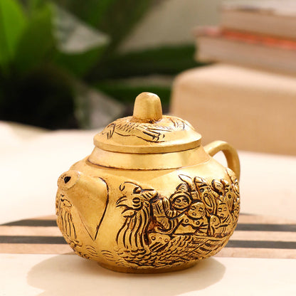 Brass Tea Pot/Kettle with Engraved Village Scene (3 INCH)